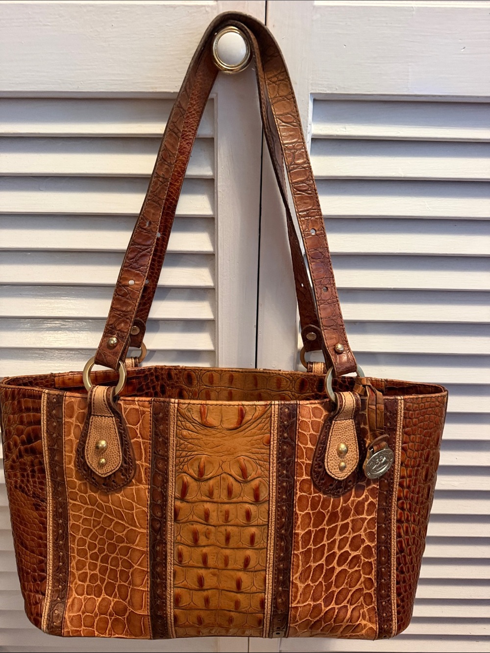 Brahman Toasted Almond Brown Croc-Embossed Leather Tote w/Wallet